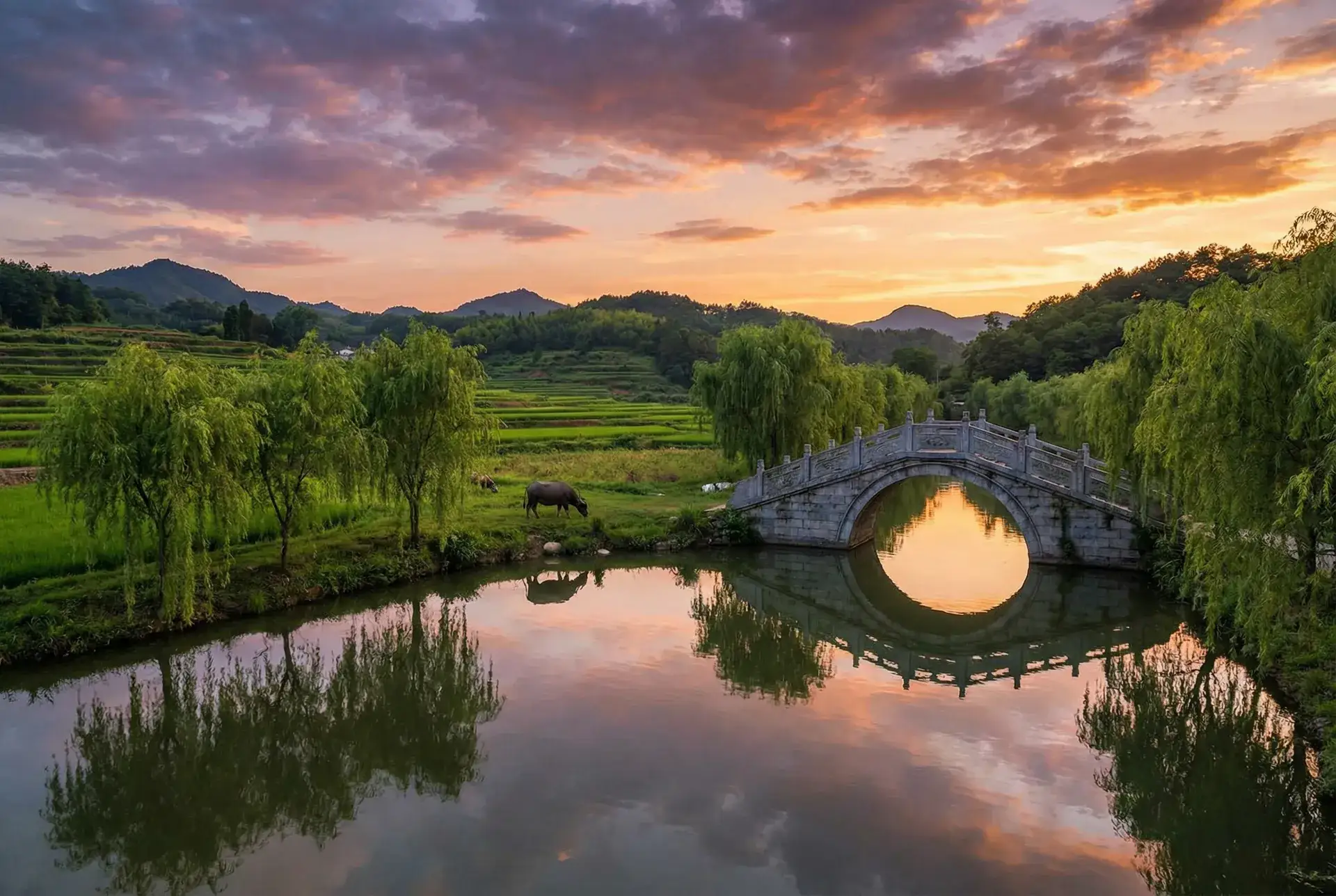 夕阳下的石拱桥与垂柳，水牛在河边吃草 - 多地提高节日福利发放标准 乡村美景